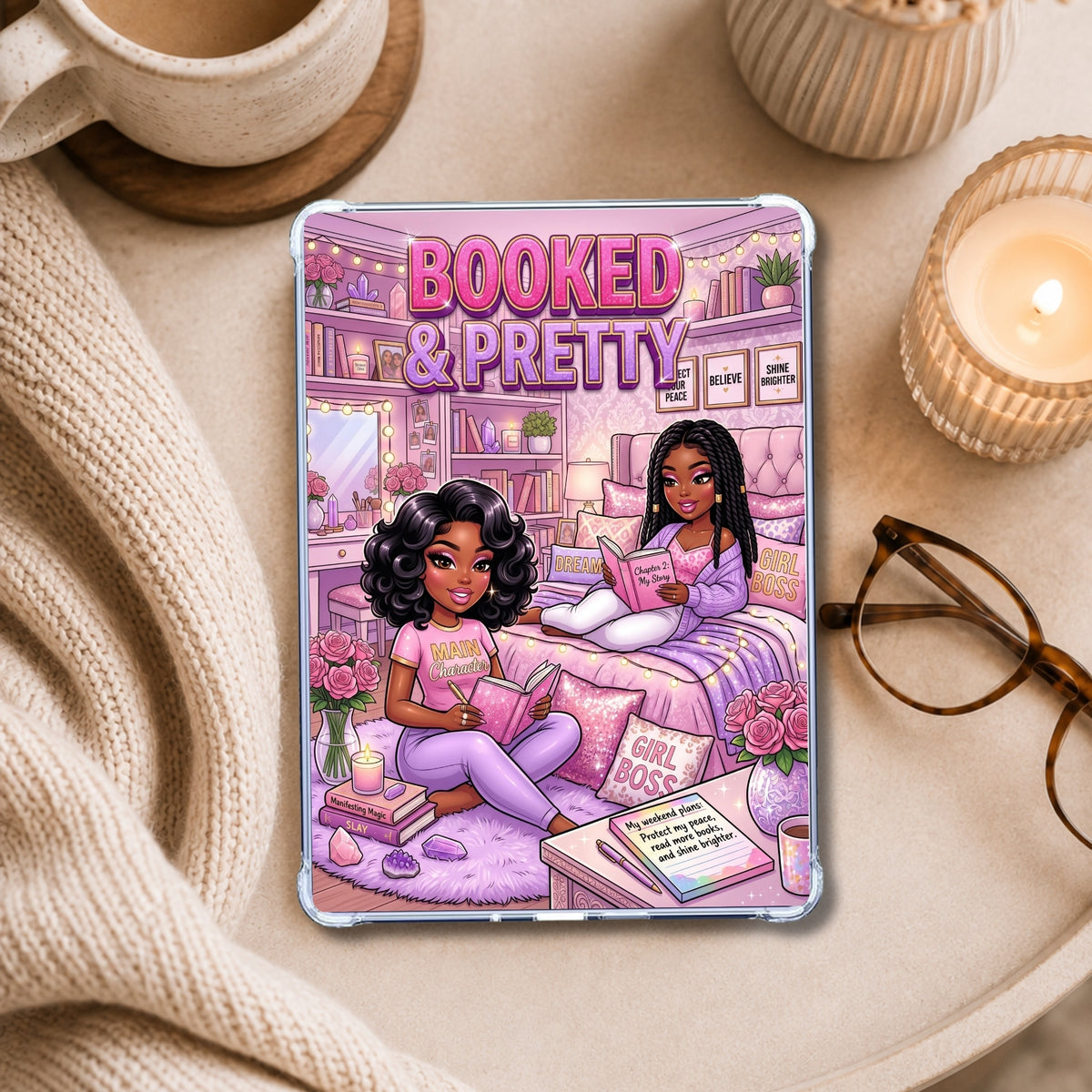 Pink and Purple Booked & Pretty Black Girl shown on an eReader in a styled setting