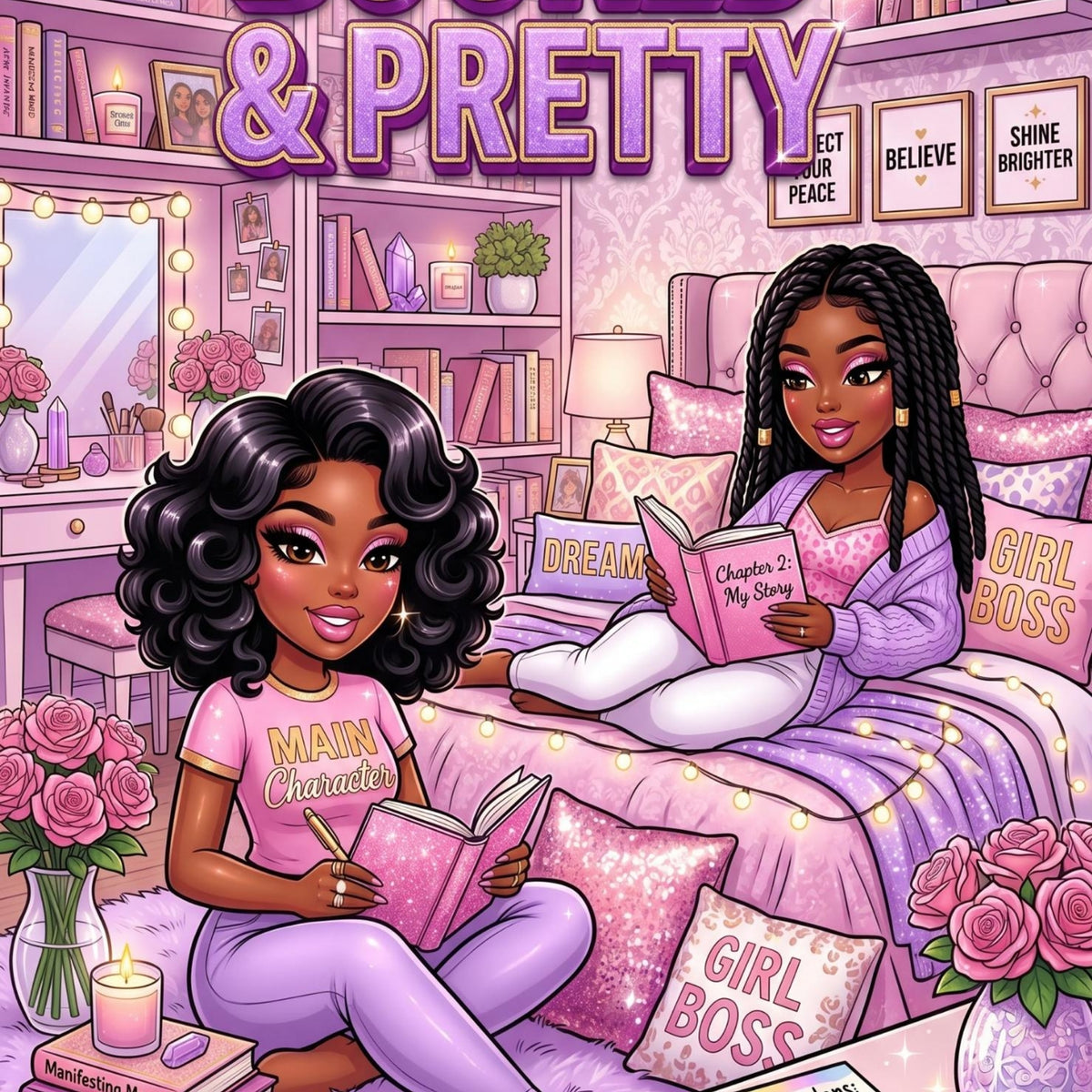 Pink and Purple Booked & Pretty Black Girl artwork close-up