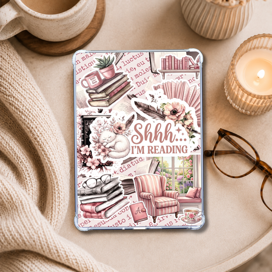 Pink and White Nook Library Scene shown on an eReader in a styled setting
