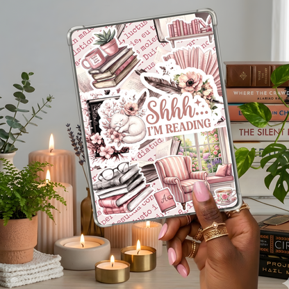 Pink and White Nook Library Scene shown on a handheld eReader