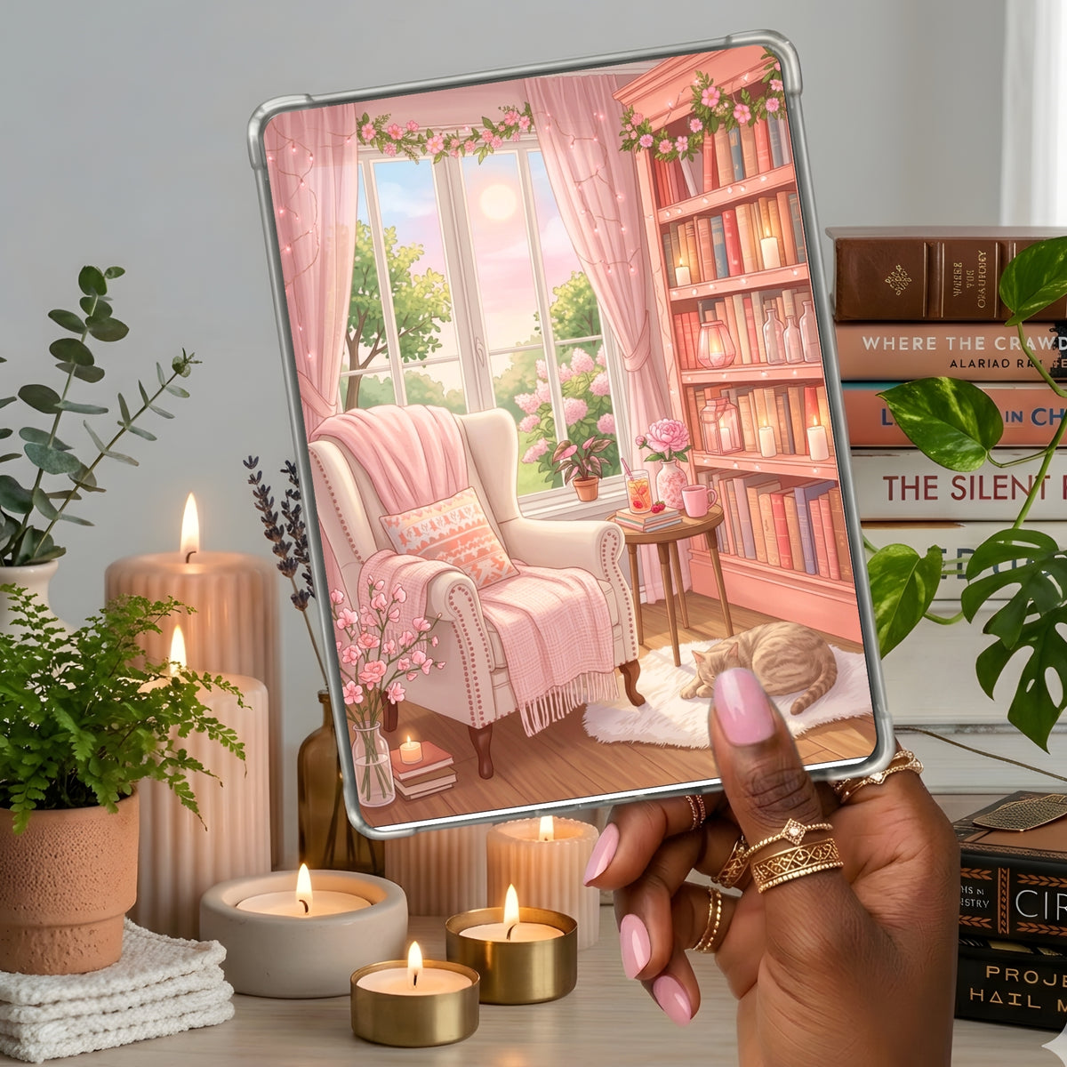 Pink Spring or Summer Nook shown on a handheld eReader