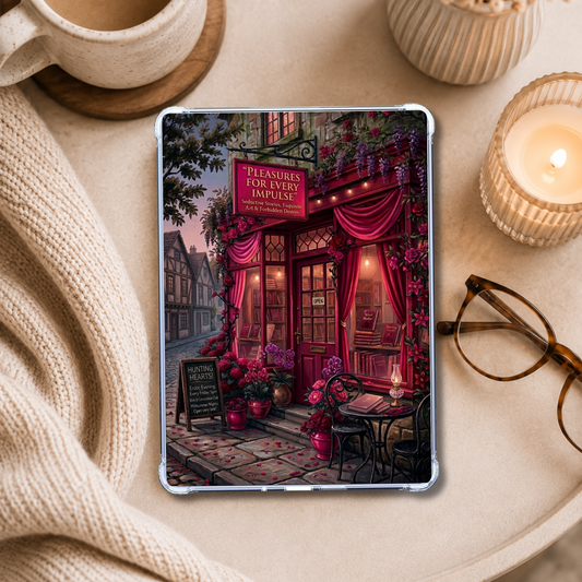 Pleasures Bookstore shown on an eReader in a styled setting