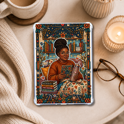Plus Size Curvy Bookish Soul Melanin Girl shown on an eReader in a styled setting