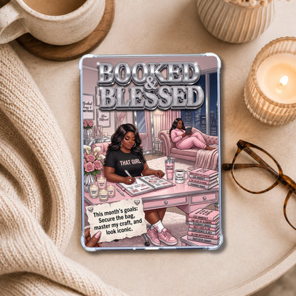 Plus Size Pink Booked & Blessed shown on an eReader in a styled setting