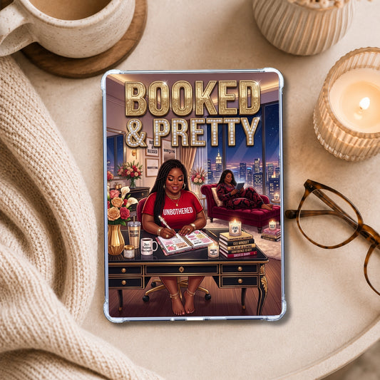 Plus Size Red Booked & Blessed shown on an eReader in a styled setting