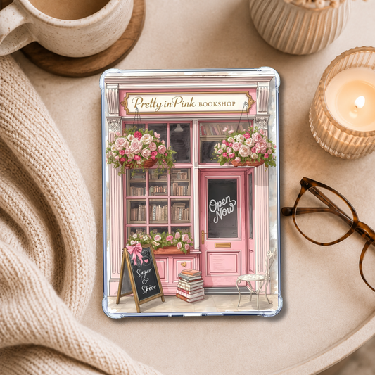 Pretty in Pink Bookstore shown on an eReader in a styled setting