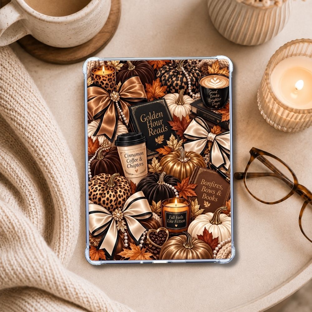 Pumpkins and Luxe Kindle insert styled in a clear eReader case