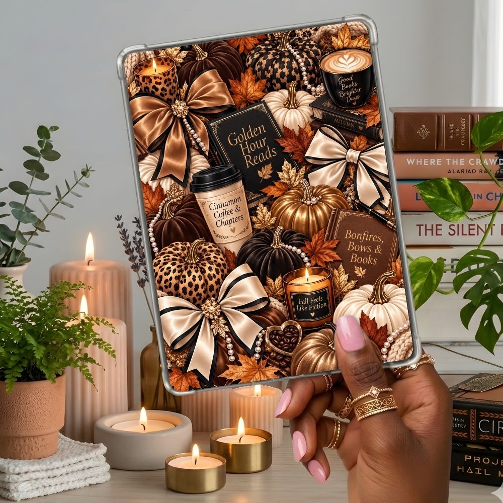 Pumpkins and Luxe Kindle insert second lifestyle view in a clear eReader case