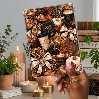 Pumpkins and Luxe Kindle insert second lifestyle view in a clear eReader case