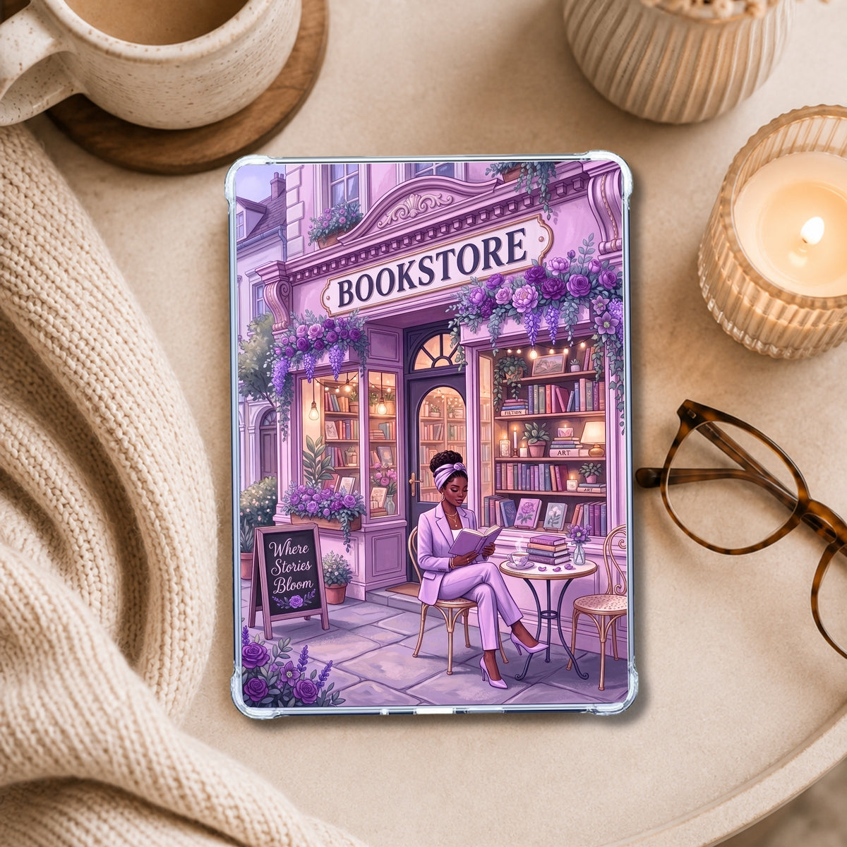 Purple Metro Reader Melanin shown on an eReader in a styled setting