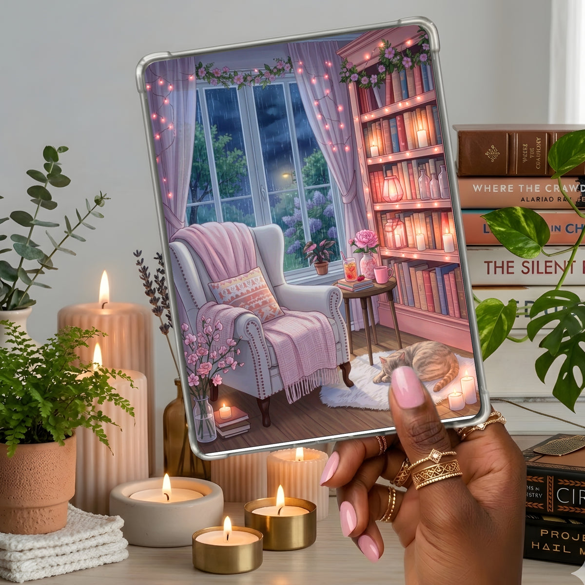 Purple Spring or Summer Nook shown on a handheld eReader