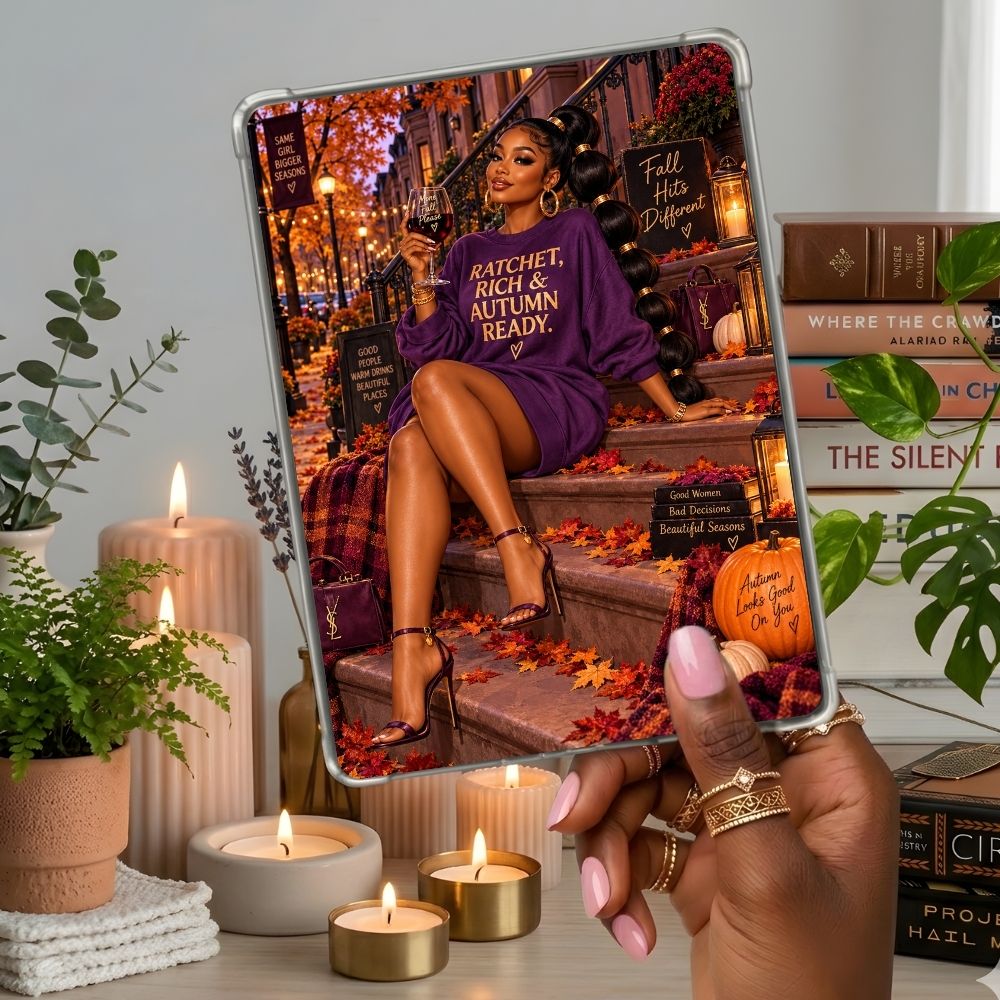 Ratchet Rich & Autumn Ready Kindle insert second lifestyle view in a clear eReader case