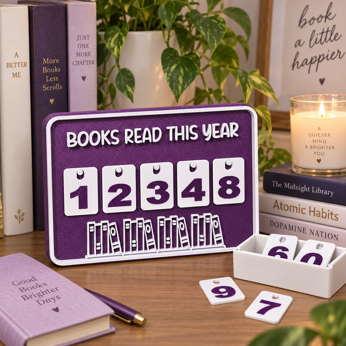 Close-up details and included number tiles for the purple Reader’s Tally Board