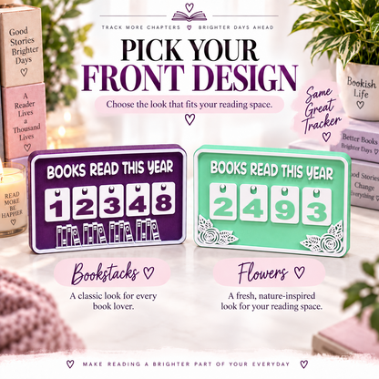 Choose a bookstack or floral front design for the Reader’s Tally Board