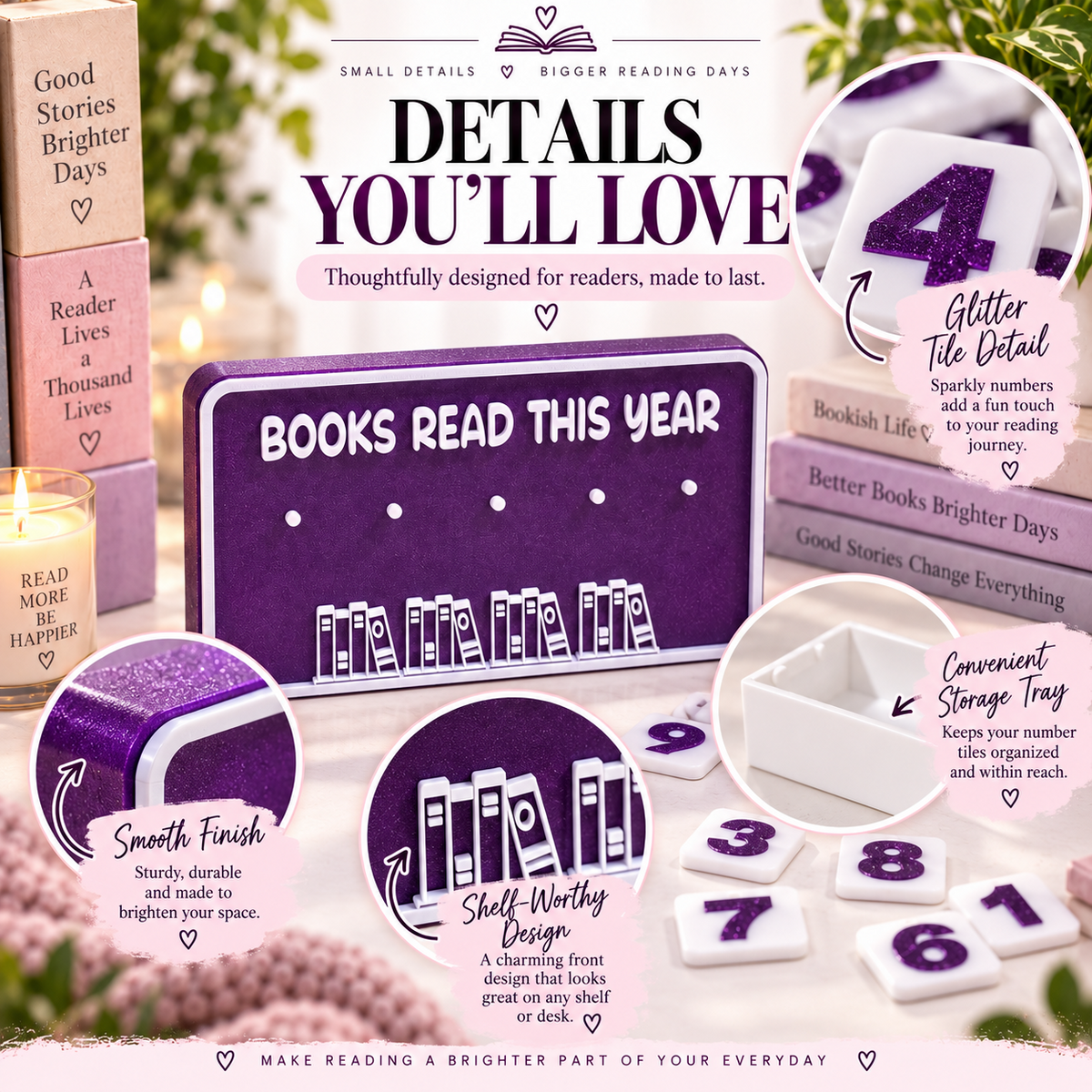 Reader’s Tally Board features and decorative number tiles