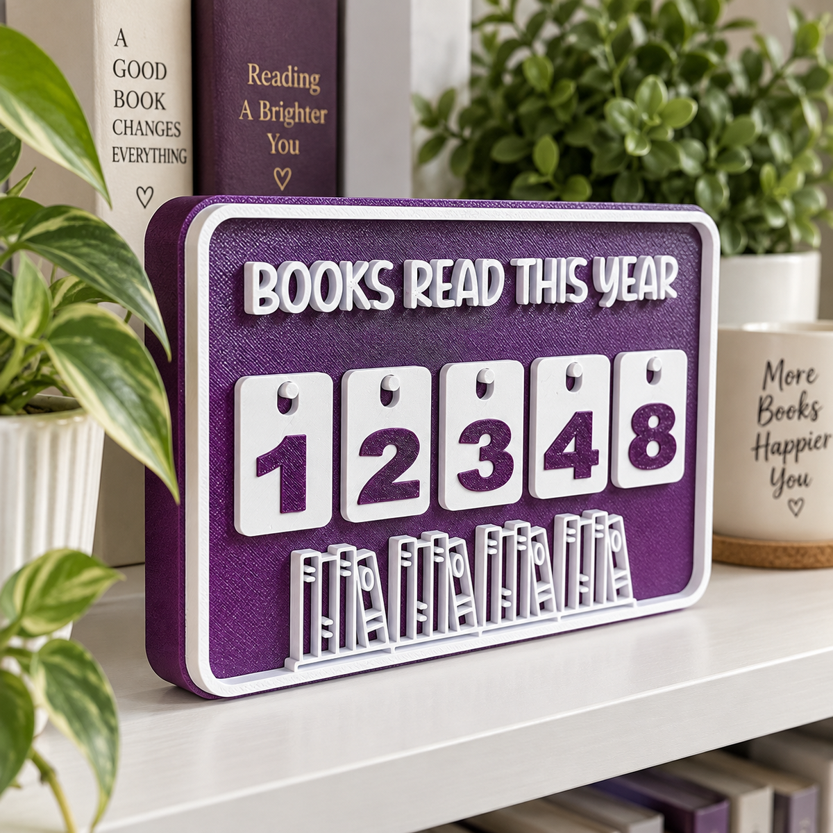 Purple bookstack design Reader’s Tally Board styled with books