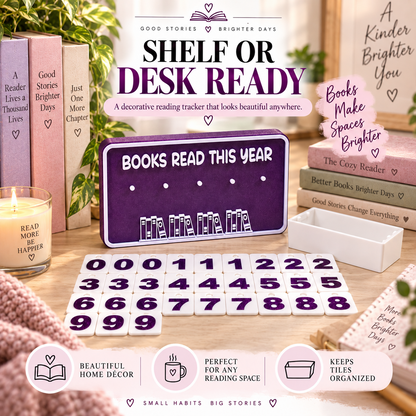 Reader’s Tally Board styled on a shelf or desk