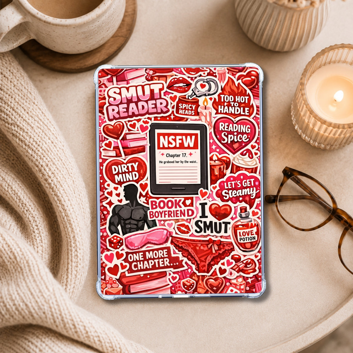 Red NSFW Reader shown on an eReader in a styled setting