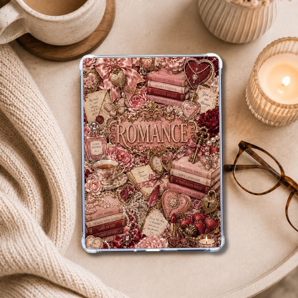 Romance Collage Kindle insert styled in a clear eReader case