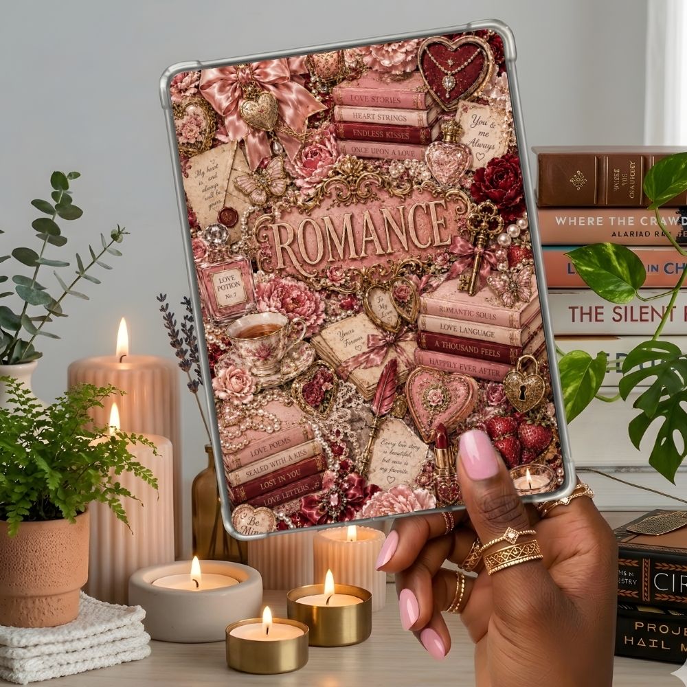 Romance Collage Kindle insert second lifestyle view in a clear eReader case