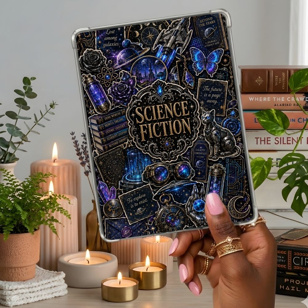Science Fiction Collage Kindle insert second lifestyle view in a clear eReader case