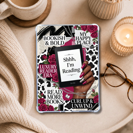 Shhhh I'm Reading Melanin Girl shown on an eReader in a styled setting