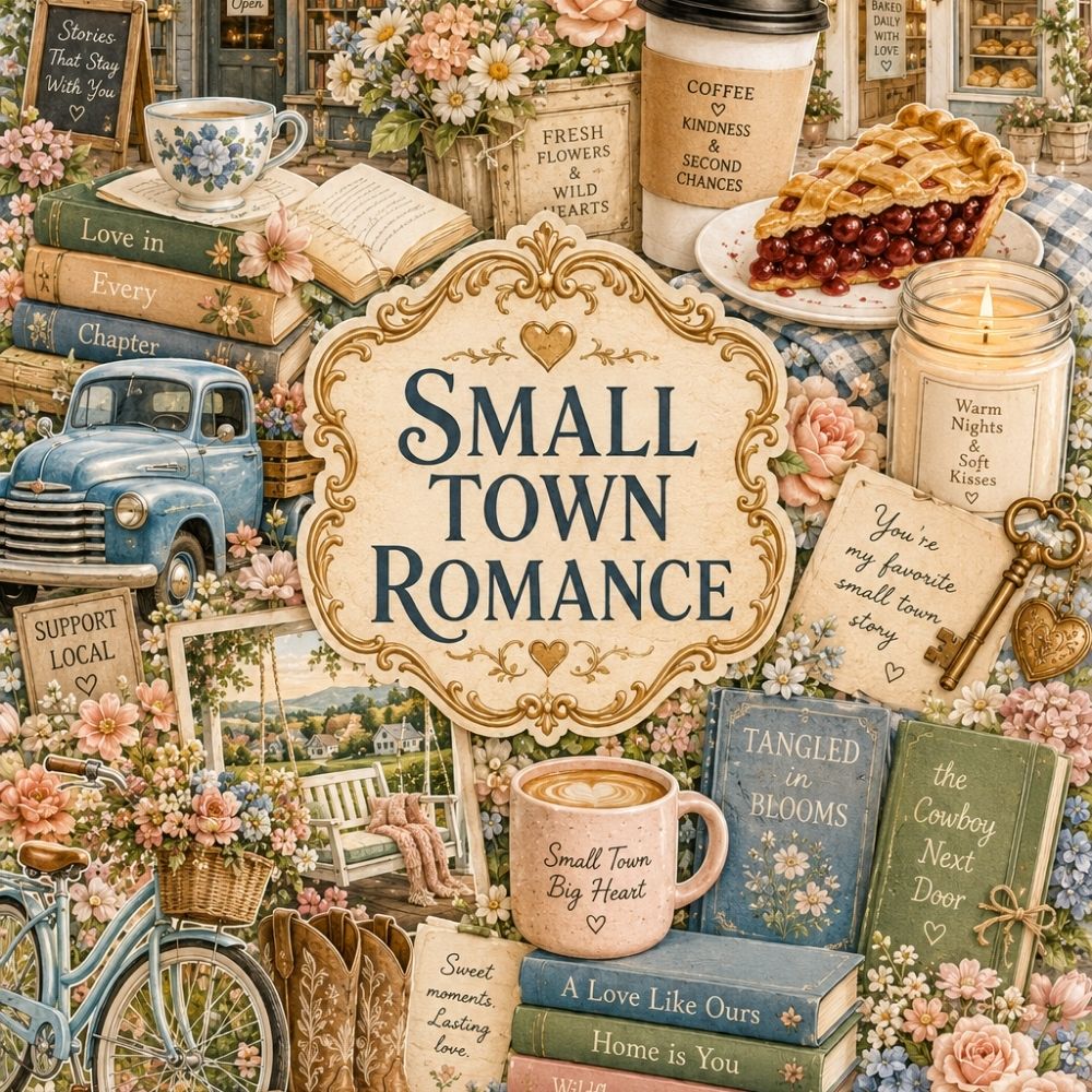 Close-up detail of Small Town Romance Collage Kindle insert artwork