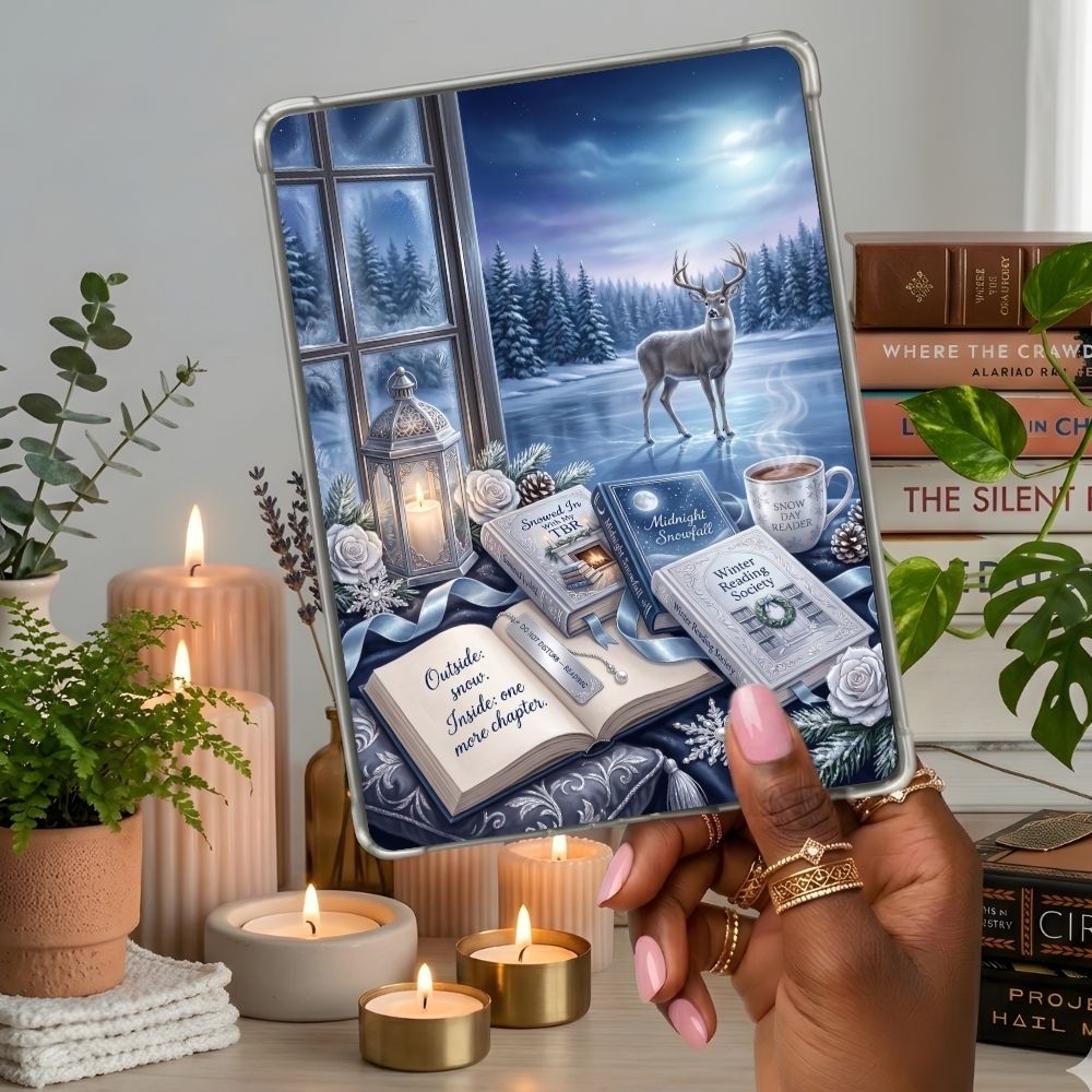 Snowed In with My TBR Kindle insert second lifestyle view in a clear eReader case
