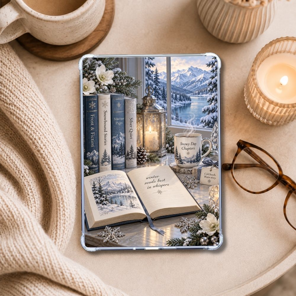 Snowy Day Chapters Kindle insert styled in a clear eReader case