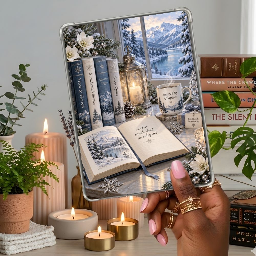 Snowy Day Chapters Kindle insert second lifestyle view in a clear eReader case