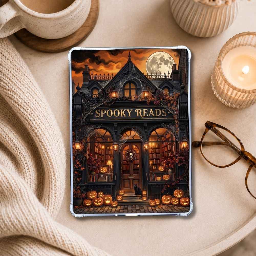Spooky Reads Kindle insert styled in a clear eReader case