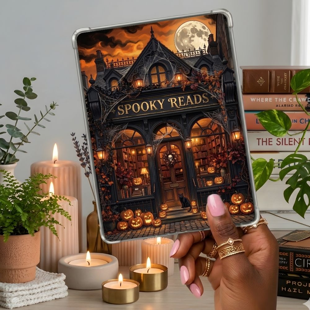 Spooky Reads Kindle insert second lifestyle view in a clear eReader case