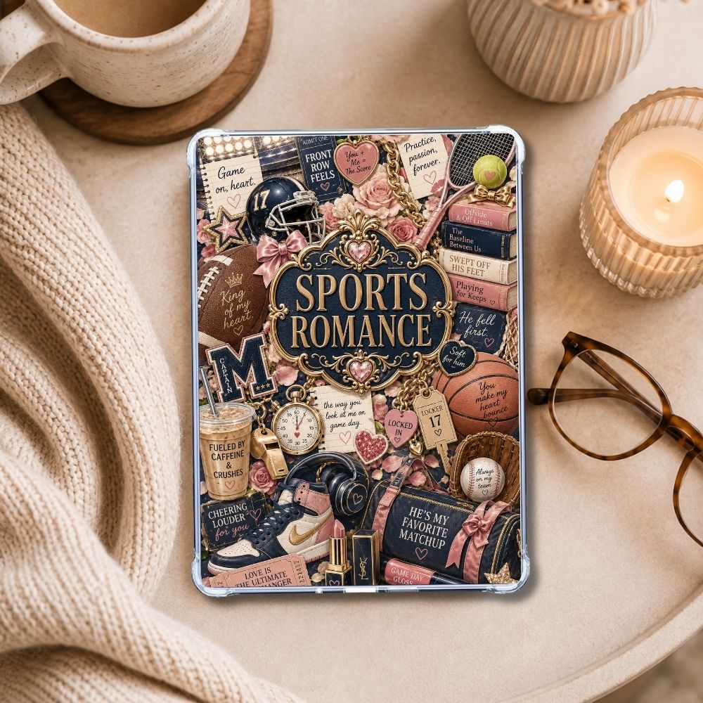 Sports Romance Collage Kindle insert styled in a clear eReader case