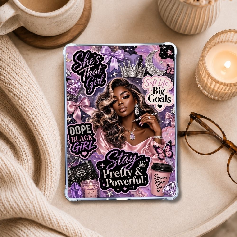 Stay Pretty & Powerful Kindle insert styled in a clear eReader case