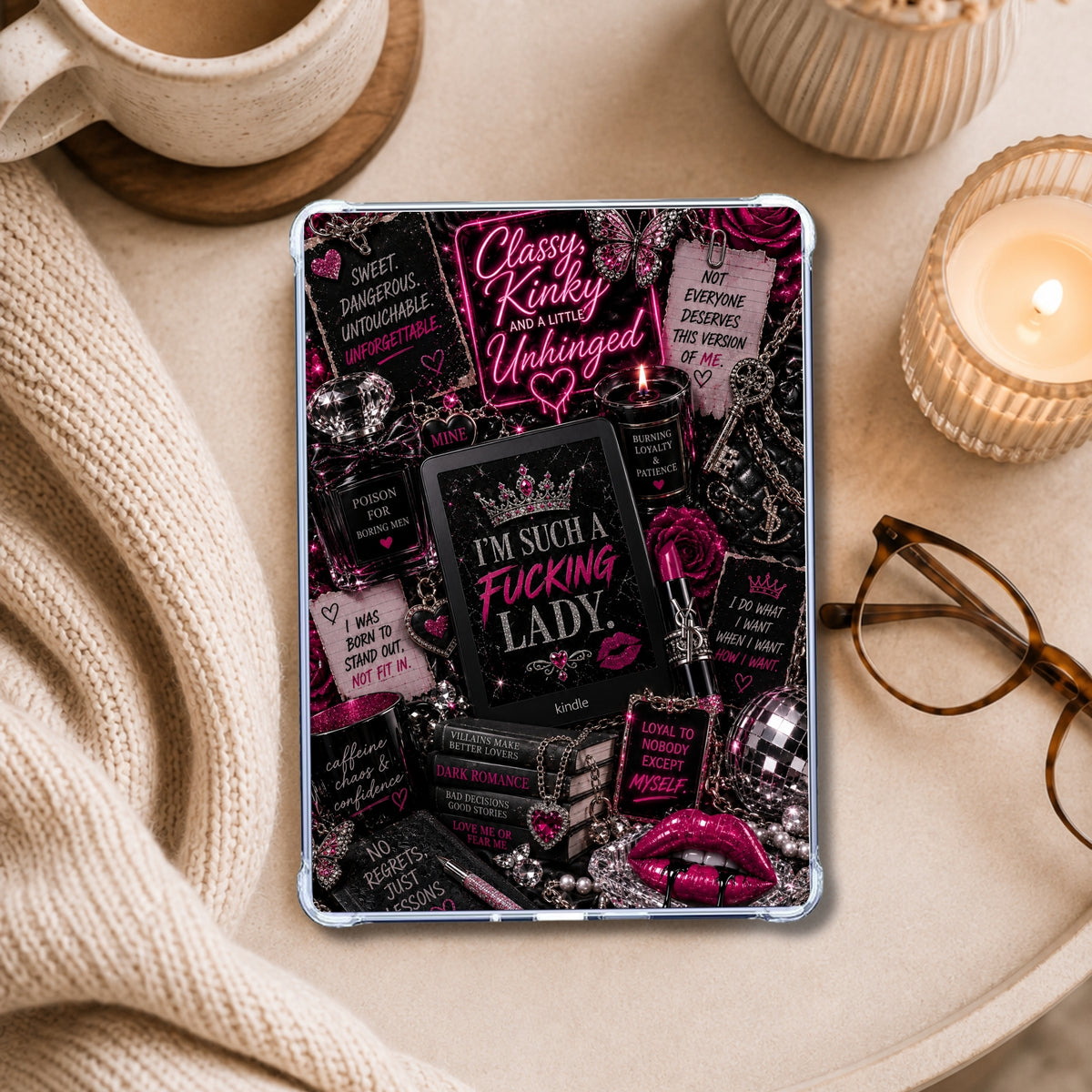 Such a F*cking Lady Neon Lights shown on an eReader in a styled setting
