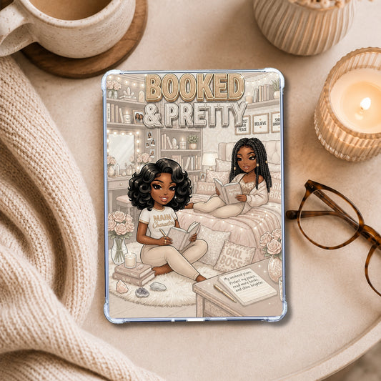 Tan and White Booked & Pretty Black Girl shown on an eReader in a styled setting