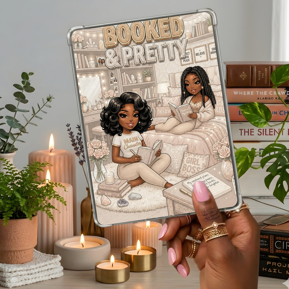 Tan and White Booked & Pretty Black Girl shown on a handheld eReader