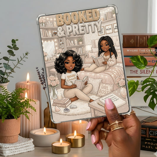 Tan and White Booked & Pretty Black Girl shown on a handheld eReader