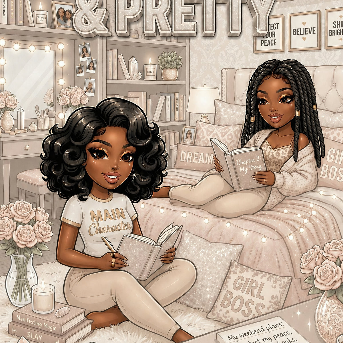 Tan and White Booked & Pretty Black Girl artwork close-up