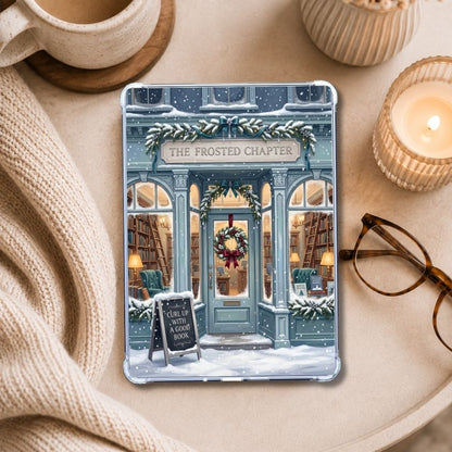 The Frosted Chapter Kindle insert styled in a clear eReader case