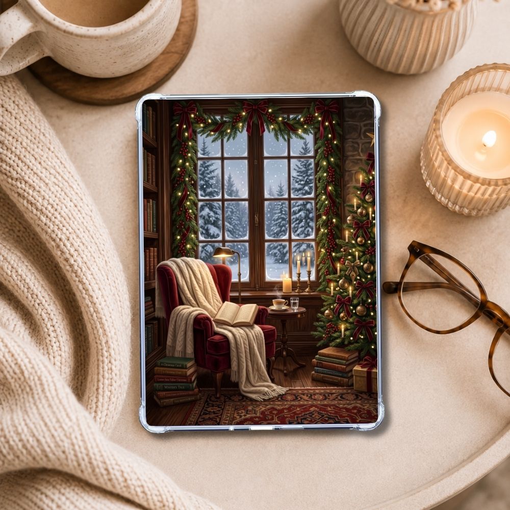 The Holiday Nook Kindle insert styled in a clear eReader case