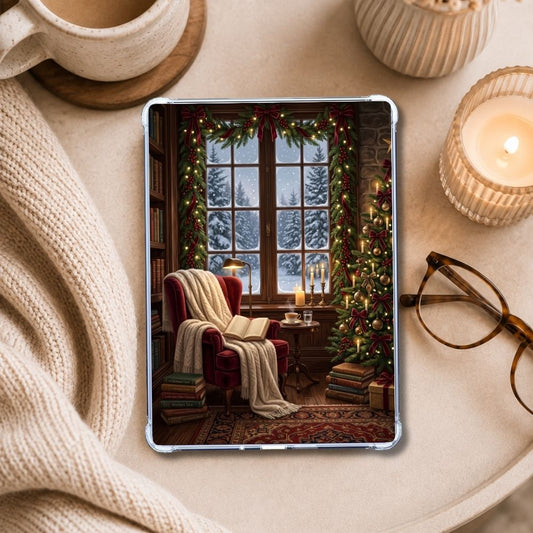 The Holiday Nook Kindle insert styled in a clear eReader case