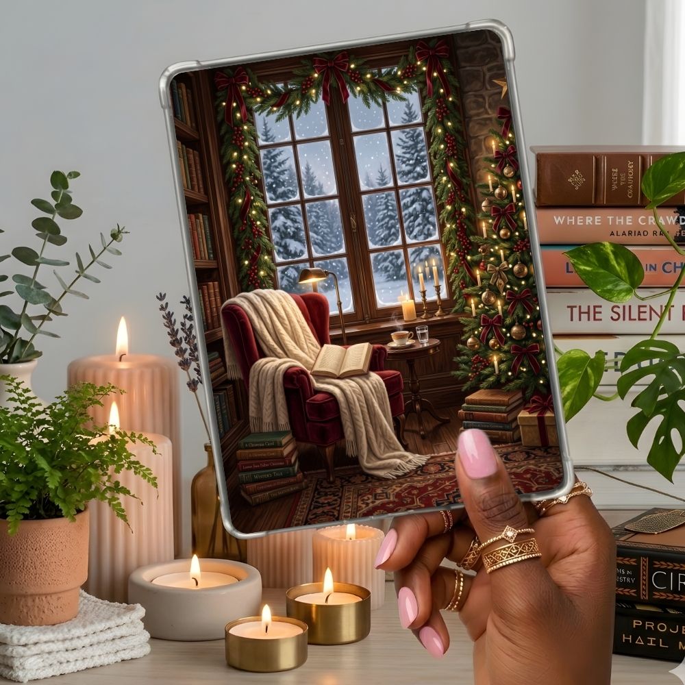 The Holiday Nook Kindle insert second lifestyle view in a clear eReader case