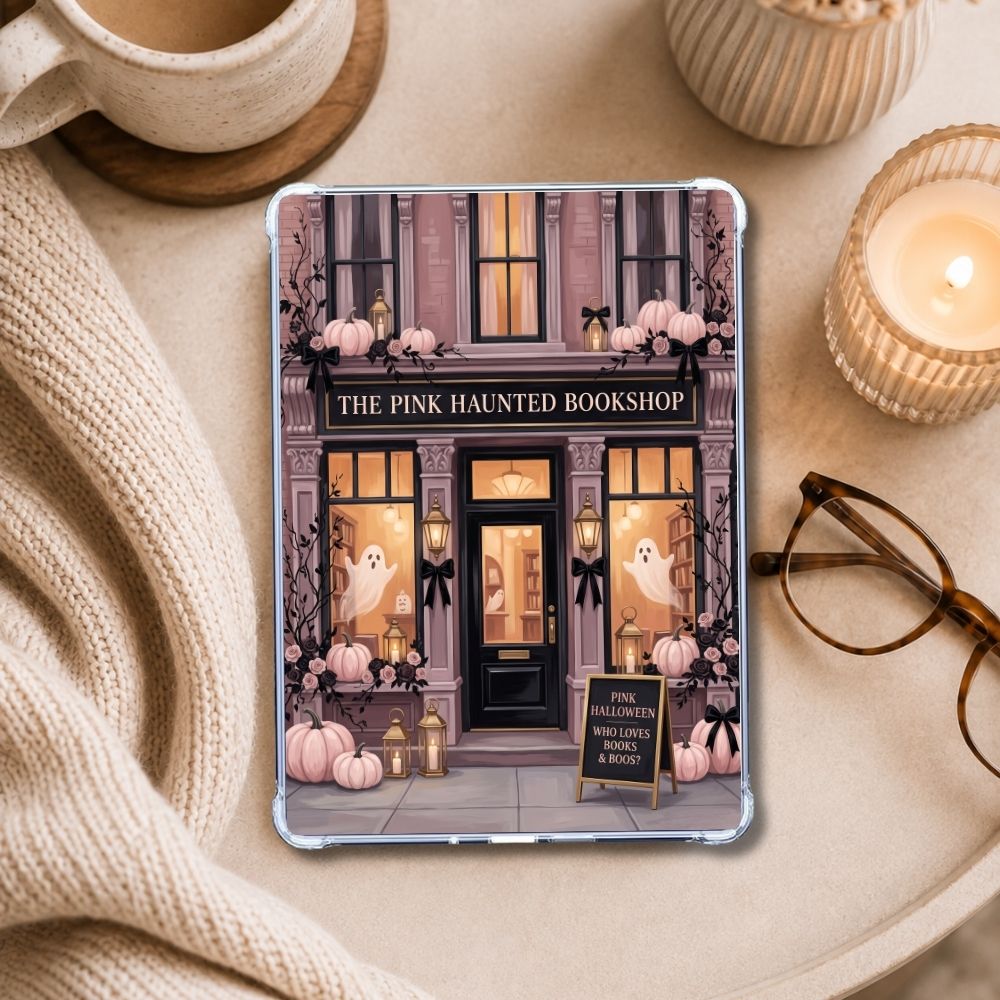 The Pink Haunted Bookshop Kindle insert styled in a clear eReader case
