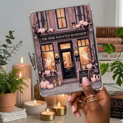 The Pink Haunted Bookshop Kindle insert second lifestyle view in a clear eReader case