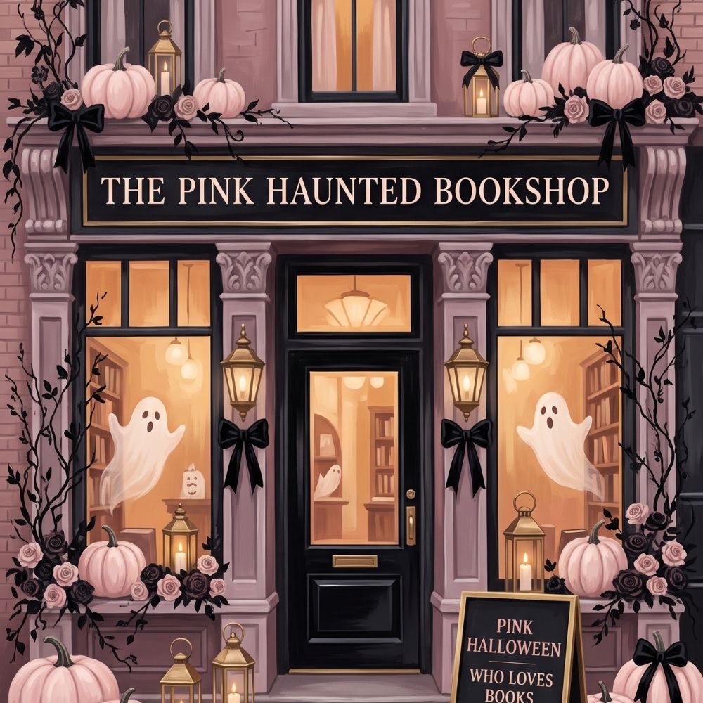Close-up detail of The Pink Haunted Bookshop Kindle insert artwork
