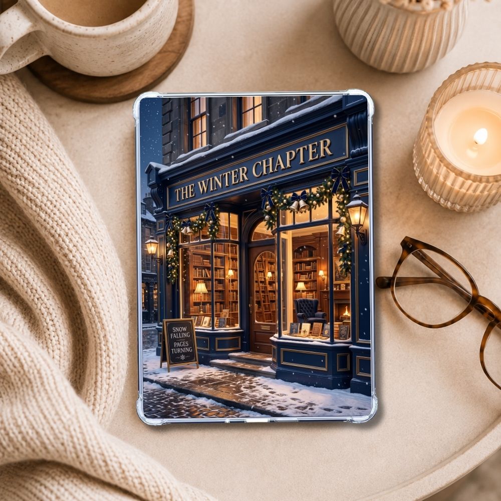 The Winter Chapter Kindle insert styled in a clear eReader case