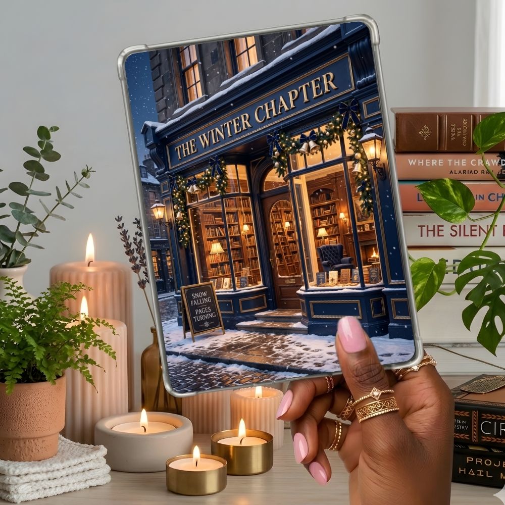 The Winter Chapter Kindle insert second lifestyle view in a clear eReader case