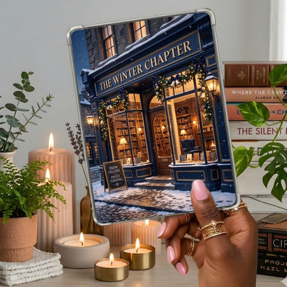 The Winter Chapter Kindle insert second lifestyle view in a clear eReader case