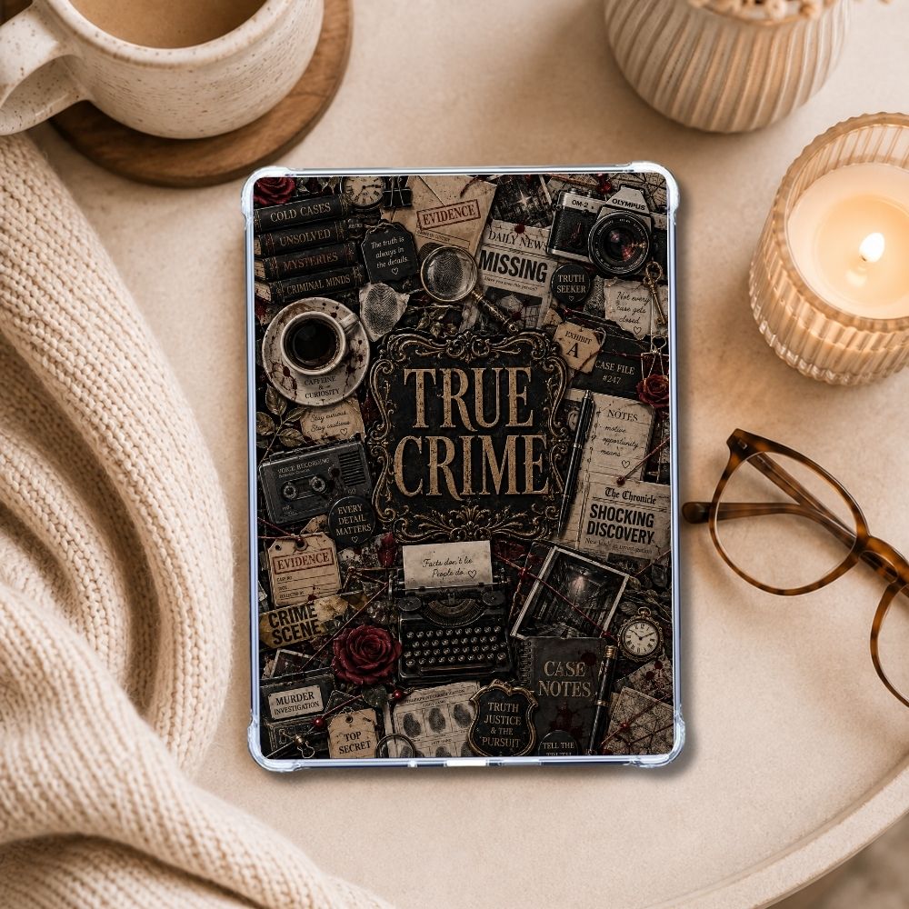 True Crime Collage Kindle insert styled in a clear eReader case